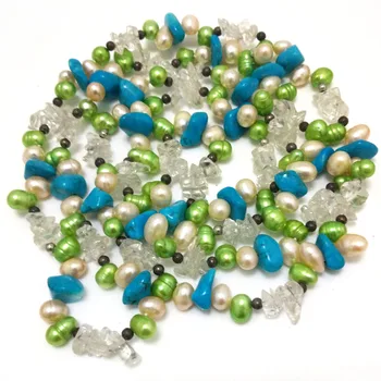 40 дюймов 7-8 мм, Зеленая натуральная дождевая капля, Пресноводный жемчуг и Бирюзовое ожерелье с длинной цепочкой