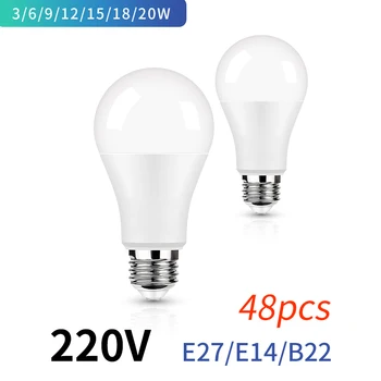 48 шт./лот Светодиодные лампы E27 AC220V 240V Реальной Мощности светодиодные лампы 18 Вт 15 Вт 12 Вт 9 Вт 6 Вт 3 Вт Лампада светодиодный Прожектор Настольная лампа Светодиодный Свет