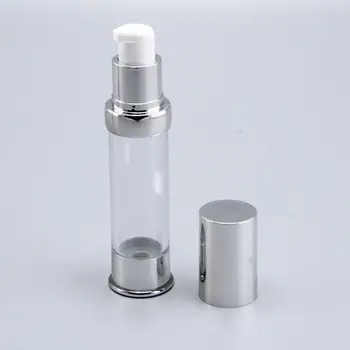 5 МЛ безвоздушная бутылка прозрачная бутылка с серебряной крышкой/дном, пустые бутылки для многоразового использования с образцами лосьона/эмульсии LX1049