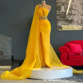 BridalAffair Высококачественное Желтое платье для выпускного вечера С аппликацией На одно плечо, Разрез из тюля, Большие Размеры, Женские Длинные Вечерние платья для официальных Вечеринок