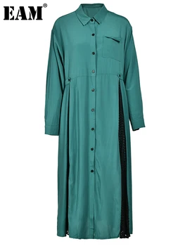 [EAM] Женское Зеленое Открытое Платье-рубашка Большого Размера, Новое Платье с Отворотом и Длинным рукавом Свободного Кроя, Модный Прилив, Весна-Осень 2023 1DF017106
