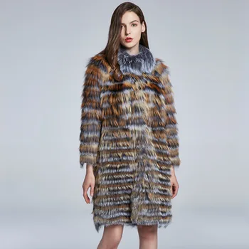 OC00475 # Разноцветное пальто из лисьего меха, женское Длинное осенне-зимнее теплое пальто оптом из натурального меха
