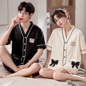 SUO & CHAO / новый трикотажный хлопковый пижамный костюм для пары, мужские и женские шорты с коротким рукавом, прекрасная удобная домашняя одежда