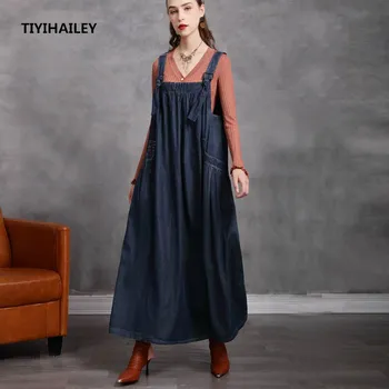 TIYIHAILEY Бесплатная доставка 2022 Плюс Размер, свободные модные платья, женское длинное платье Макси без рукавов на бретельках с большими карманами