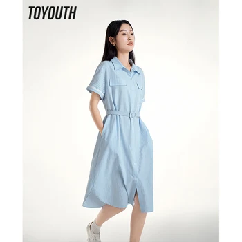 Toyouth Женское платье-рубашка 2023, Летнее Платье-поло с коротким рукавом, А-образный Вырез, Свободная Повседневная Шикарная юбка в синюю и белую полоску