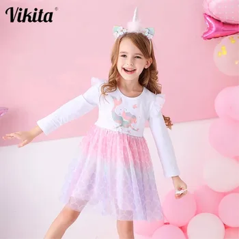 VIKITA Kids/Детская одежда для девочек, Платье Принцессы с длинными рукавами и Рисунком Русалки из Мультфильма, Осенне-Зимнее платье Принцессы для девочек, Детская одежда