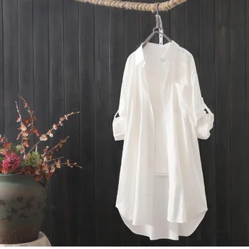 Белая Рубашка Женская 2023 Весна Лето Корейская мода Простые однотонные Длинные рубашки Женские Свободные Дышащие рубашки миди и блузки