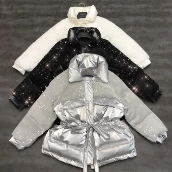 блестящая 2023 новая зимняя куртка женская, расшитая блестками, с завязками на талии, хлопчатобумажное пальто, черная/серебристая/белая снежная верхняя одежда MY400