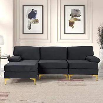 Большой секционный диван из бархатной ткани с очень широким шезлонгом на золотистых ножках, L-образный, черный