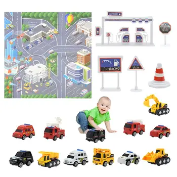 Городской дорожный игровой коврик, 12 транспортных средств, набор игрушек для грузовиков с игровым ковриком, Портативный противоскользящий обучающий дорожный ковер для игровой комнаты на полу