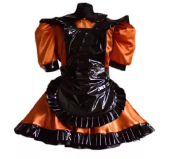 Горячая распродажа, сексуальная девушка-сисси, горничная, атласное оранжево-черное платье для косплея для взрослых, карнавальное платье для вечеринки на заказ