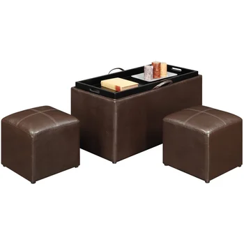 Дизайн4комфортной скамьи для хранения из искусственной кожи с 2 боковыми пуфиками, коричневого цвета