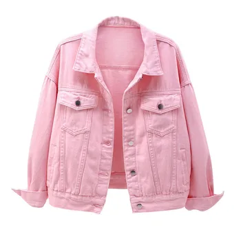 Женская джинсовая куртка, весенне-осеннее короткое пальто, Розовые джинсовые куртки, Повседневные топы, Фиолетово-белые Свободные топы, Женская верхняя одежда с карманами на пуговицах