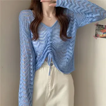 Женская открытая блузка в корейском стиле, весна-лето, Свободный V-образный вырез, выдалбливающийся шнурок, плиссированные короткие топы карамельного цвета