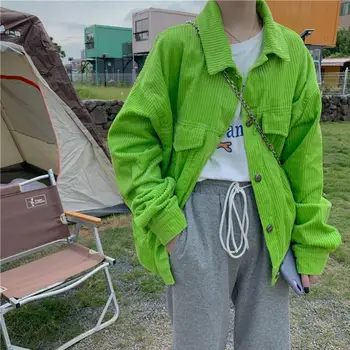Женские зеленые вельветовые рубашки с длинными рукавами, Куртки, Весенние винтажные топы с отложным воротником, Повседневная осенняя инди-базовая верхняя одежда