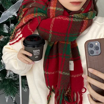 Женский винтажный кашемировый шарф с кисточками, плед, зимняя корейская толстая теплая длинная шаль, Рождественский подарок, модные аксессуары