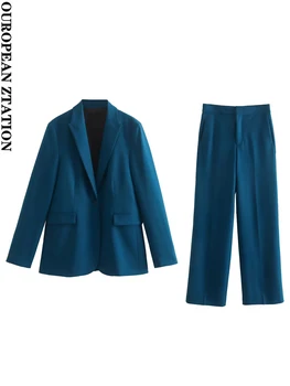 Женский модный блейзер с пайетками 2023 года, пальто прямого кроя на одной пуговице или брюки с прямыми штанинами средней талии, комплекты из двух предметов mujer