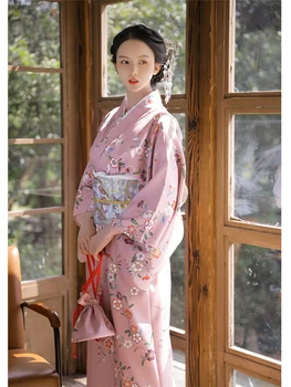 Женское Длинное платье в Японском Стиле, Традиционное Кимоно Розового цвета с цветочным принтом, Официальная одежда для Косплея Юката, платье для фотосъемки