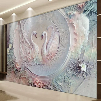 Изготовленная на заказ Фреска Европейский Стиль 3D Трехмерный Рельефный Художественный Плакат С Лебедем Обои Гостиная Телевизор Диван Backgruond Настенная Живопись