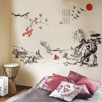 Китайский стиль, живопись тушью, Пейзаж, Художественные наклейки на стены, Гостиная, Спальня, Фон для украшения дома, настенные наклейки, Обои