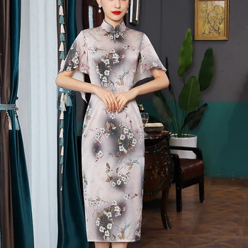 Китайское платье Чонсам Ципао, Женское Элегантное вечернее платье с цветочным принтом, Сексуальные Платья с коротким рукавом и воротником-стойкой
