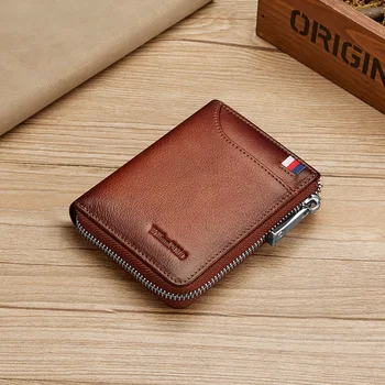 Кожаный винтажный кошелек, мужской модный персонализированный кошелек для монет, короткий держатель для карт на молнии