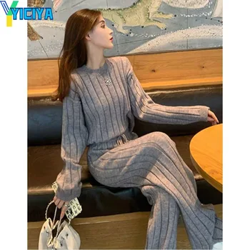 Комплекты брюк YICIYA, вязаный женский комплект из двух предметов, корейская мода, хай-стрит, новые свитера из двух предметов, Топ, женские трикотажные брюки, комплекты