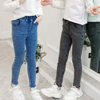 Леггинсы для девочек, новинка 2023 года, осенние детские джинсы для девочек, синие, черные эластичные обтягивающие детские брюки-карандаш для детей от 4 до 13 лет, джинсовые брюки
