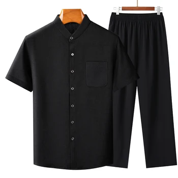 Лето 2023 (рубашка + брюки) модный тренд мужская одежда рубашка мужская одежда Британский хлопковый льняной костюм Мужская рубашка с коротким рукавом размеры от m до 3