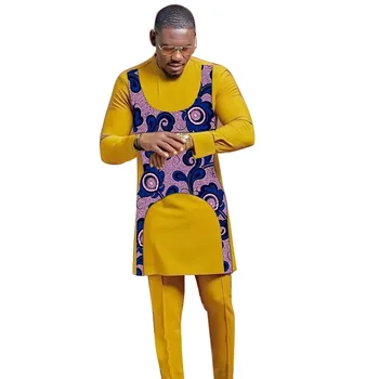 Лоскутная рубашка с однотонными брюками Желтого Цвета Мужской Костюм Жениха Мужская Нигерийская Мода На заказ Африканские праздничные наряды