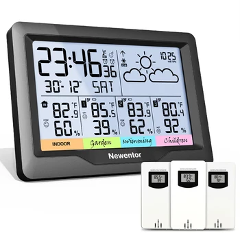 Метеостанция Newentor Q5, беспроводные цифровые часы для помещений и улицы, Погодный термометр с 3 датчиками, монитор температуры и влажности
