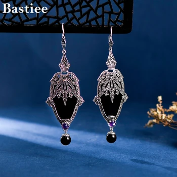 Модные серьги Bastiee из серебра 925 пробы с мозаикой Aretes De Mujer в стиле Ретро с черным агатом, длинные ювелирные изделия