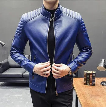 Мотоциклетная куртка из искусственной кожи, мужская зимняя куртка Leahter, мужская повседневная ветровка со стоячим воротником, модная мужская одежда, черный, синий