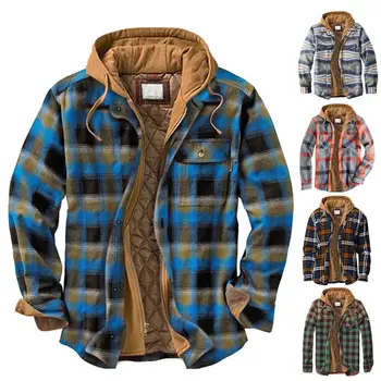 Мужские Зимние куртки, Рубашки в клетку в стиле Харадзюку, Пальто с капюшоном, на Молнии, с длинным рукавом, Базовые повседневные рубашки, Куртки, Европейский Стиль, Размер