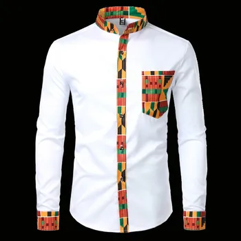 Мужские хипстерские африканские рубашки в стиле дашики с графическим рисунком в стиле пэчворк, приталенная рубашка с воротником-стойкой с длинным рукавом, Camisas, мужская одежда
