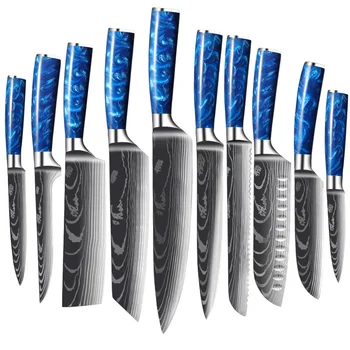 Набор кухонных ножей 1-10 шт., ручка из синей смолы, Лазерный Дамасский узор, нож шеф-повара, Кливер Сантоку, Нож для нарезки овощей, Хлебные Ножи