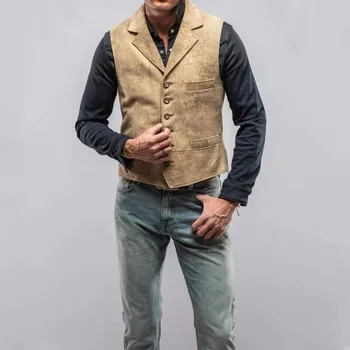 Однобортный мужской костюм с лацканами, однотонная куртка без рукавов в стиле стимпанк, замшевая однотонная джинсовая куртка в стиле ретро в западном Стиле, красивый модный повседневный жилет 2023