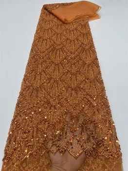 Оранжевая Роскошная Кружевная ткань ручной работы из бисера, ткань для вышивки пайетками, Модная французская Тюлевая Сетчатая кружевная ткань для свадебного платья