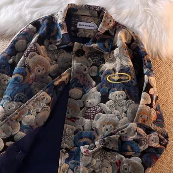 Осенне-зимняя Модная Повседневная Куртка с отворотом и милым принтом Медведя для мужчин и женщин, однобортный пиджак 2022, Новая Женская одежда