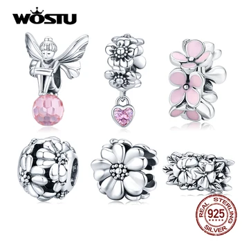 Подвески с розовым цветком WOSTU, бусины из стерлингового серебра 925 пробы, подходят к оригинальному браслету, подвеске, ювелирным изделиям для женщин
