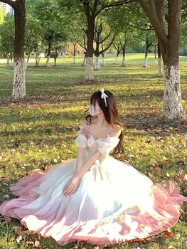 Розовое платье в стиле Лолиты для взрослых, Женское осеннее платье, Свадебное платье в цветочек, Сетчатое Длинное платье Сказочной принцессы в стиле Лолиты, платье для косплея, праздничное платье