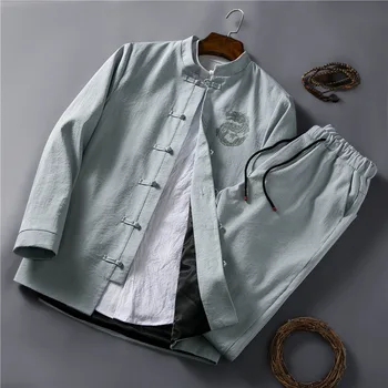 Традиционное мужское пальто Hanfu, Комплект брюк, Новый льняной костюм Тан в китайском стиле в стиле ретро, Рубашки, Брюки, униформа для тайцзи кунг-фу из двух частей