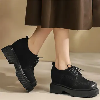 Туфли-лодочки на платформе, женские ботильоны из натуральной кожи на высоком массивном каблуке, женские модные кроссовки с квадратным носком на шнуровке, Повседневная обувь