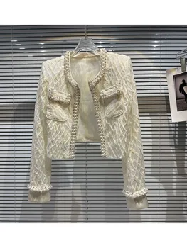 ХАЙ-СТРИТ, Новейшая мода 2023, Весенняя дизайнерская куртка, Женская сетчатая куртка с жемчугом и бриллиантами, расшитая бисером