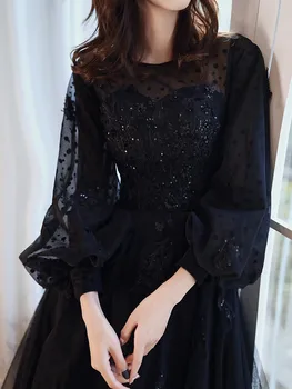 Элегантные Черные Вечерние платья с длинным рукавом, Роскошные аппликации, Трапециевидные тюлевые женские платья для выпускного вечера длиной до пола 2022