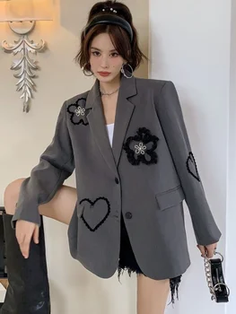 Элегантный Блейзер с цветочной вышивкой Куртки Owmen Корейская мода Универсальные Свободные пальто Y2k Уличная одежда Harajuku Chaqueta