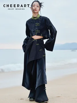 CHEERART, многослойное съемное черное Длинное пальто, Женская винтажная куртка с длинным рукавом, Дизайнерская верхняя одежда, Новинка в моде Пальто