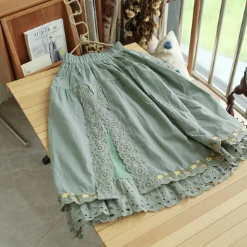 TIYIHAILEY Бесплатная доставка 2022, Новая женская юбка из кружева и хлопка, летняя Длинная юбка с эластичным поясом до середины икры, Бежево-зеленые юбки с вышивкой