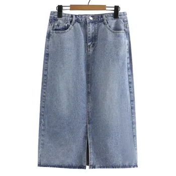 Женская джинсовая юбка больших размеров 2023, Весенняя мода, Высокая талия, Трапециевидные брюки в стиле Ретро с разрезом спереди, одежда большого размера