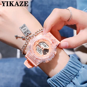 Женские часы YIKAZE, модные спортивные светодиодные цифровые часы для женщин, девочек, мальчиков, военные силиконовые наручные часы, водонепроницаемые электронные часы
